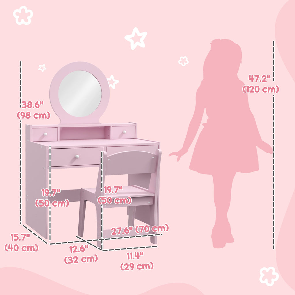 Kids Vanity Set, Children Makeup Table with Mirror, Stool and Storage Drawers, for Ages 3-8, Pink