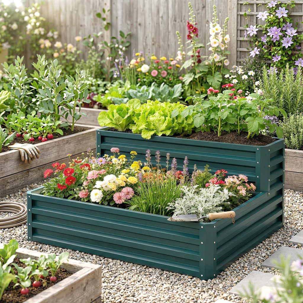 2 Tier Raised Garden Bed, 47" x 40" x 23" Galvanized Steel Planter Box for Vegetables, Flowers, and Herbs, Dark Grey