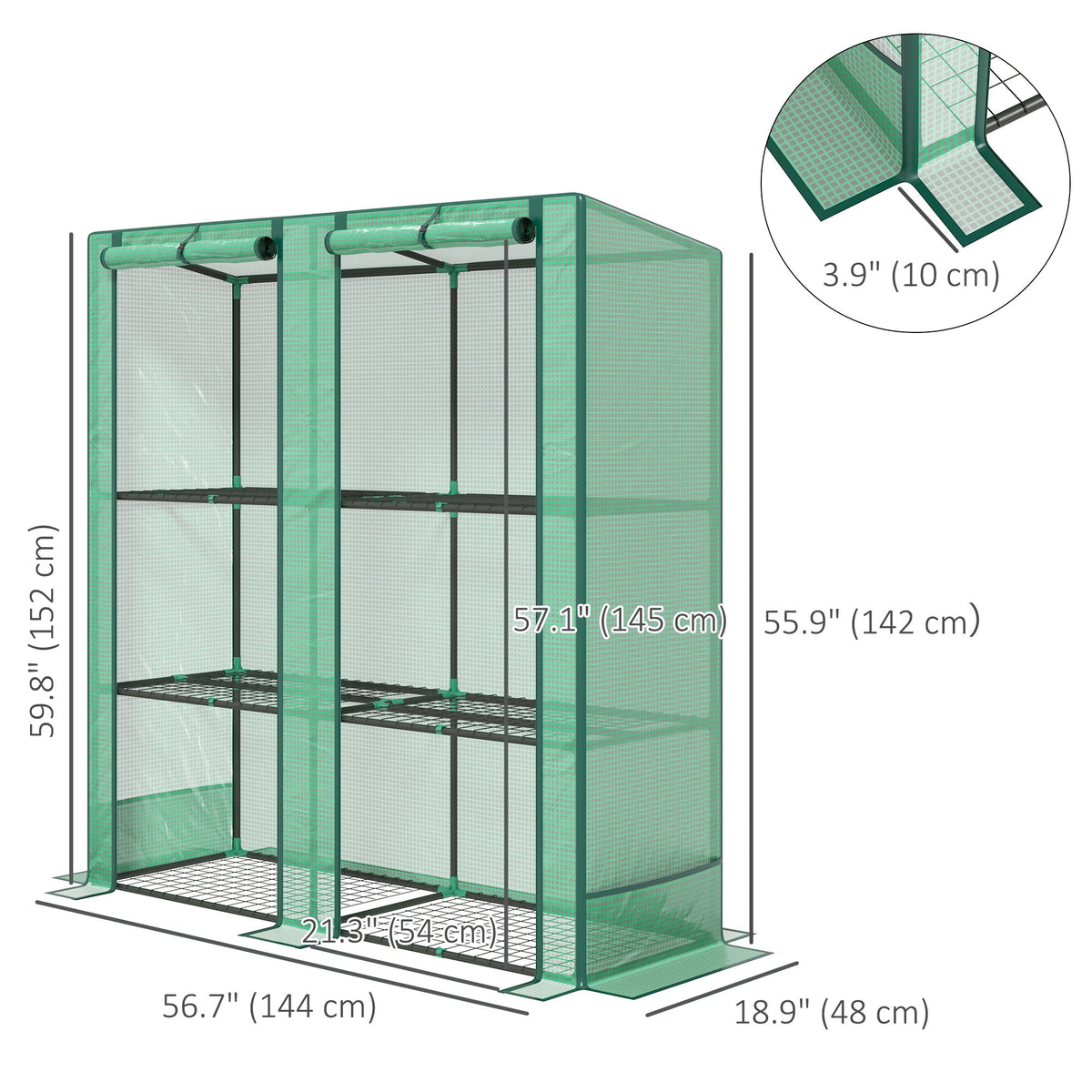 Mini Greenhouse with 3 Tier Shelves, 3 Roll-Up Doors for Indoor Outdoor, Green