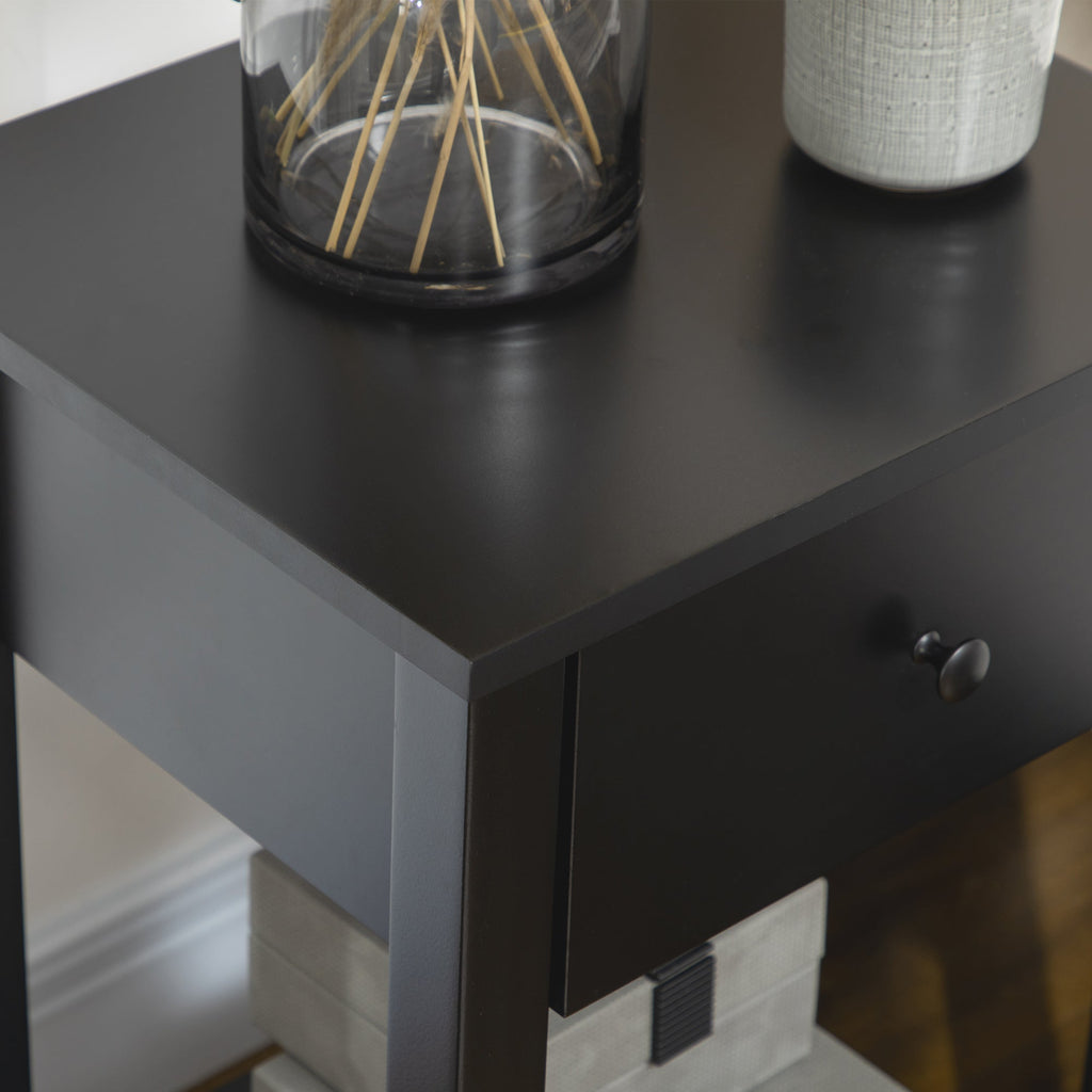 Side Table Set of 2, End Tables with Drawer and Bottom Shelf, 2-tier Nightstand for Bedroom, Living Room, Black