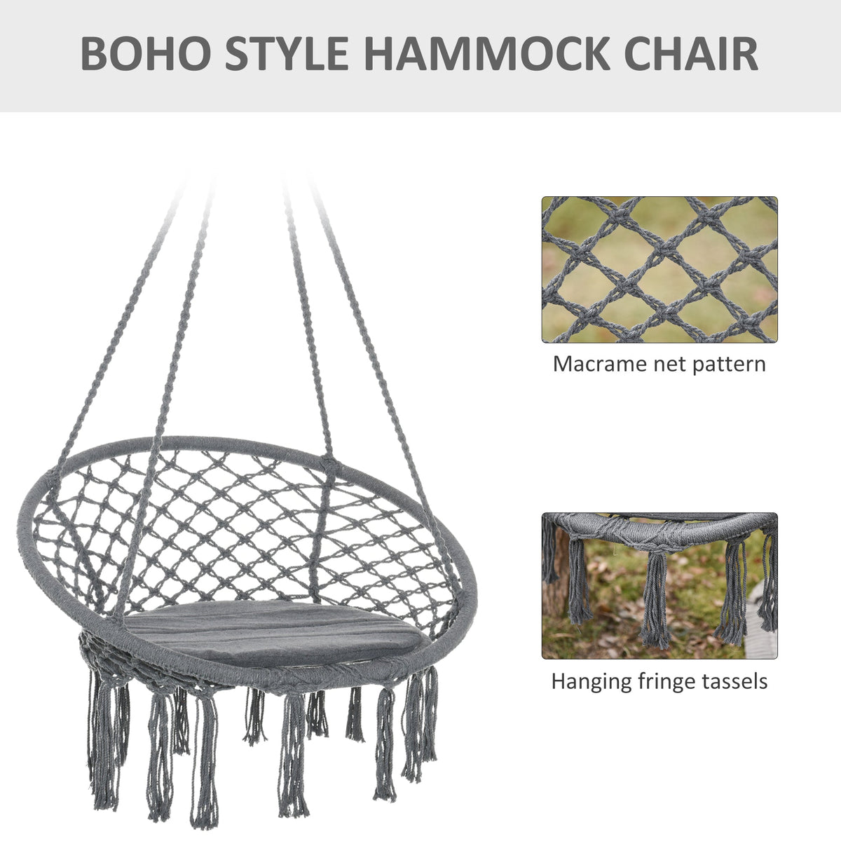 Patio Hammock Chair, Hanging Rope Hammock Swing for Indoor & Outdoor Use with Backrest, Cotton-Polyester Blend, Fringe Tassels, Cream White