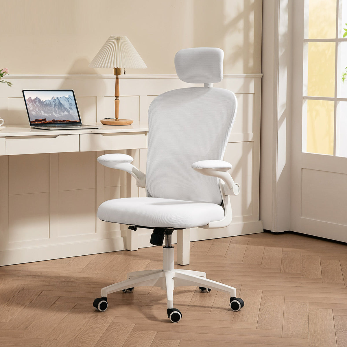 Office Chair, Mesh Computer Desk Chair with Adjustable Headrest, 4D Lumbar Support, Flip-up Arm, Grey