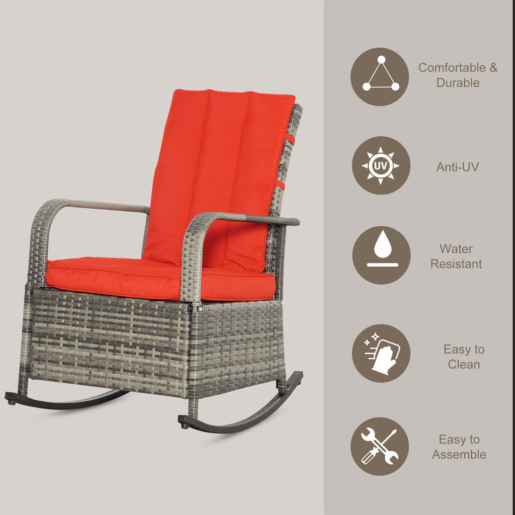 Outdoor Wicker Rocking Chair with Cushion, Patio PE Rattan Recliner Chair with Adjustable Footrest, Armrests, Dark Blue