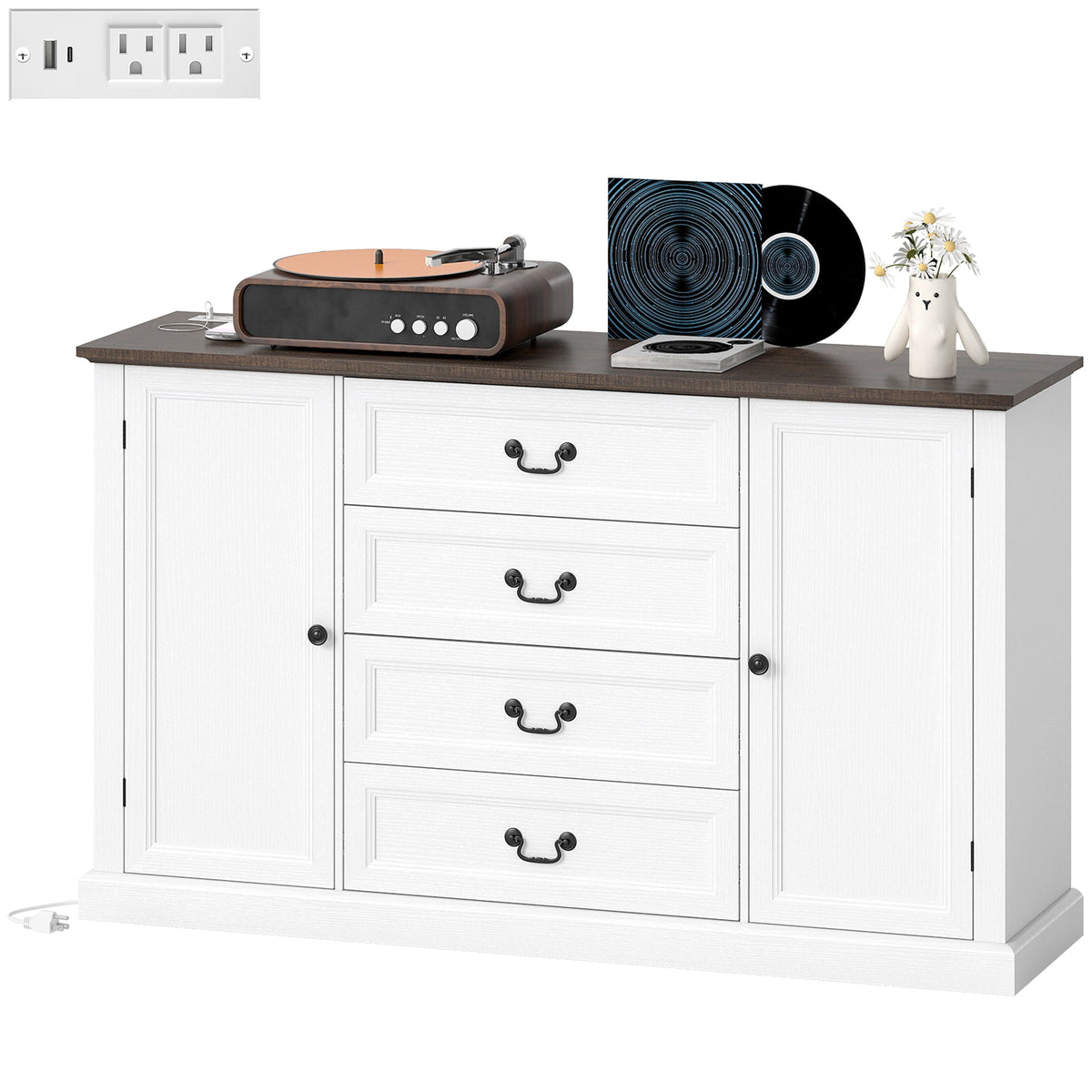 Farmhouse Sideboard with Charging Station, 58" Buffet Cabinet, Kitchen Storage Cabinet with 4 Drawers, 2 Doors, Black