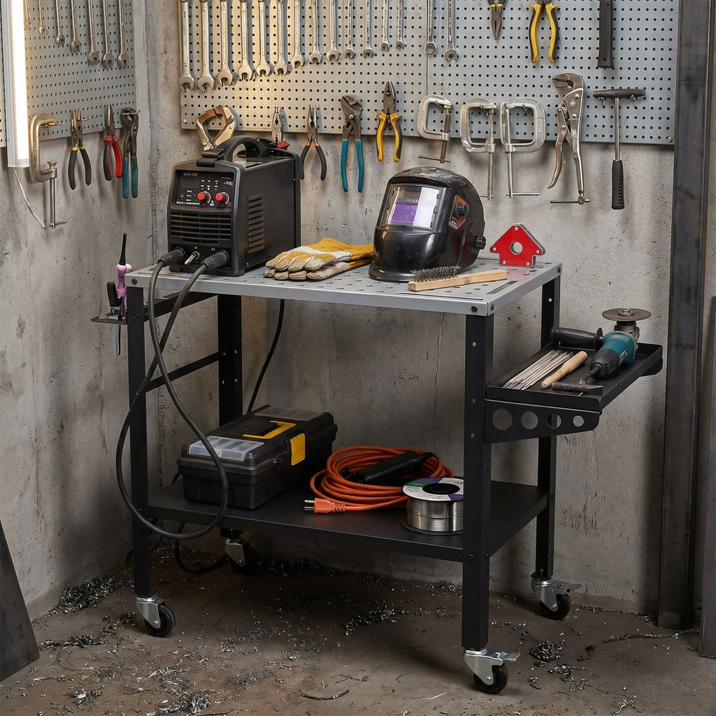 Welding Table 36x18 inches with Lockable Wheels and 144 Fixture Holes and Tool Slots