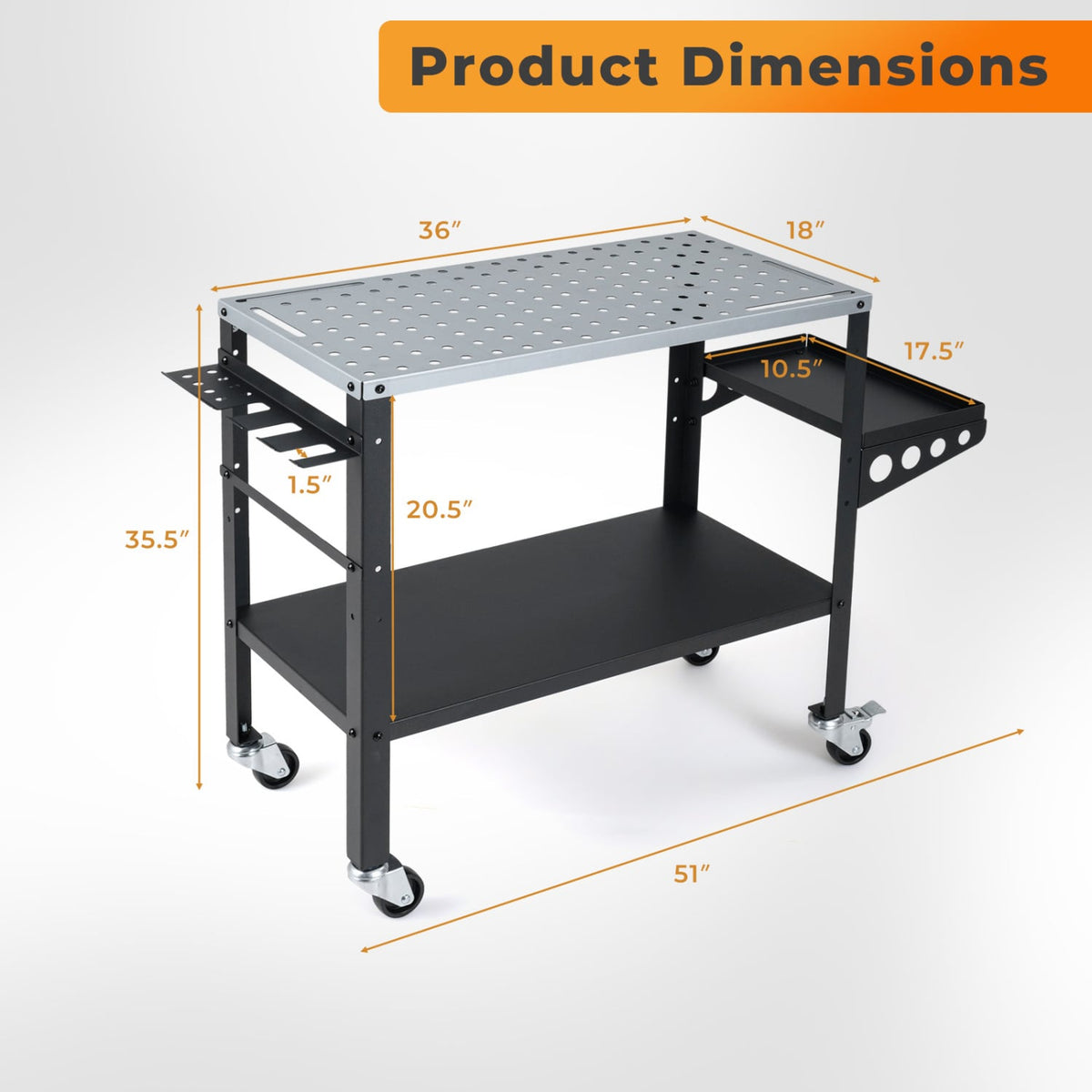 Welding Table 36x18 inches with Lockable Wheels and 144 Fixture Holes and Tool Slots