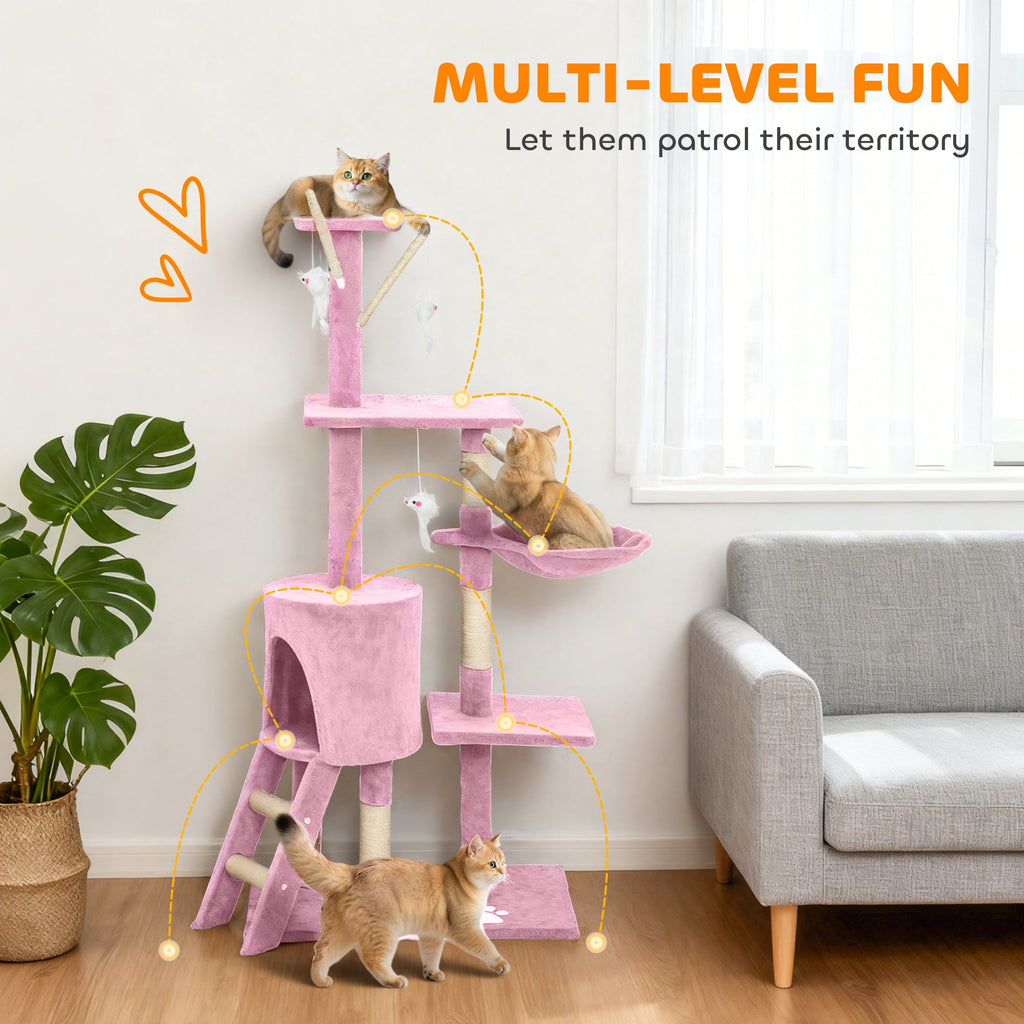 53" Cat Tree Tower, Kitten Activity Centre with Scratching Posts, Condo, Perches, Ladder, Hammock, Dangling Toys, Grey