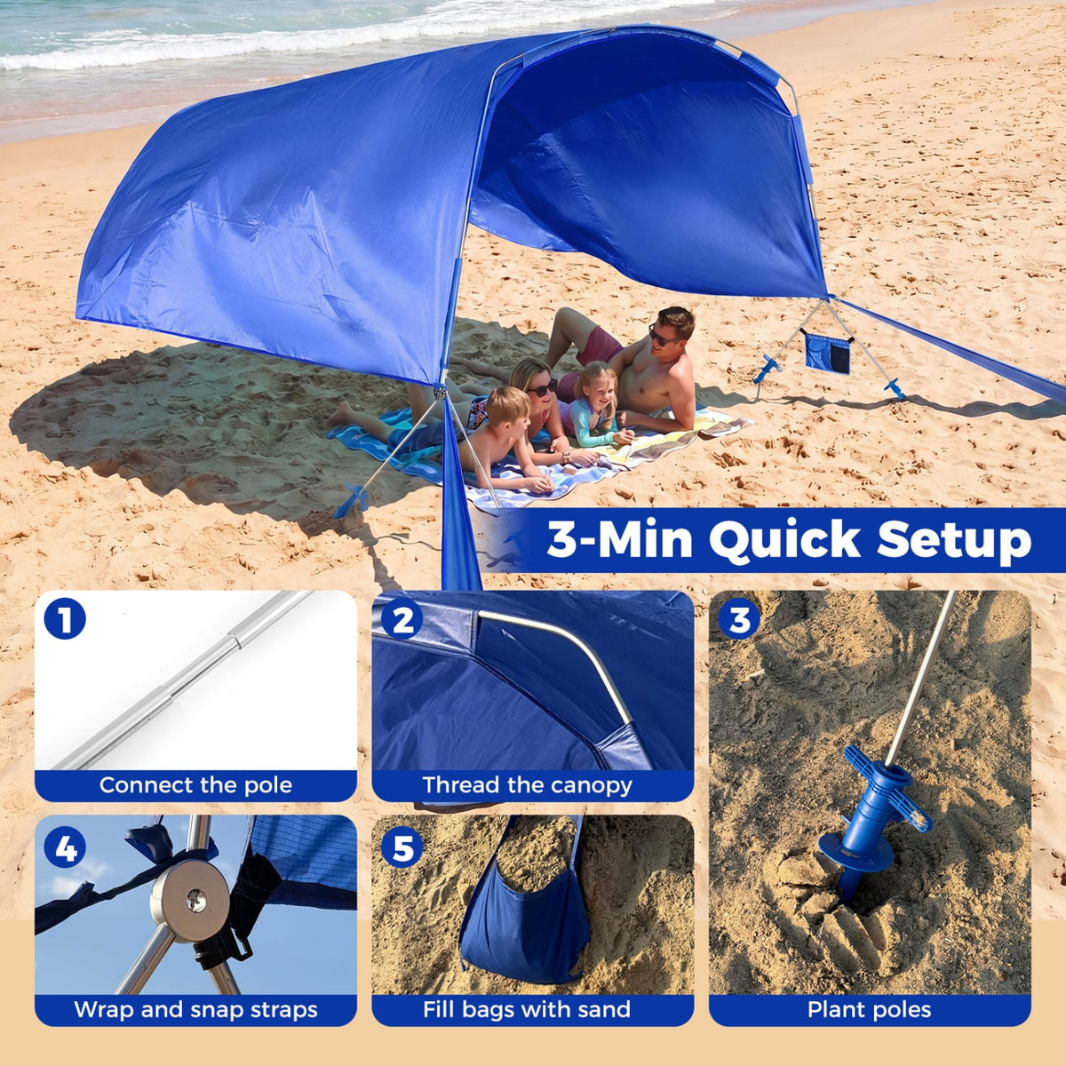 Wind Powered Beach Tent Portable Sun Shelter Canopy for Picnic-Navy
