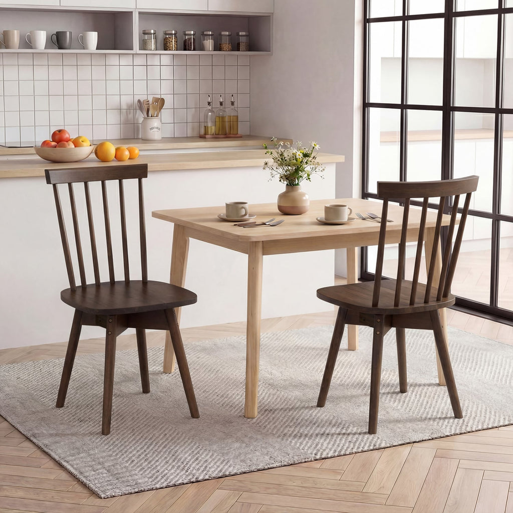 Set of 2 Swivel Spindle Back Dining Chairs, Walnut Rubber Wood