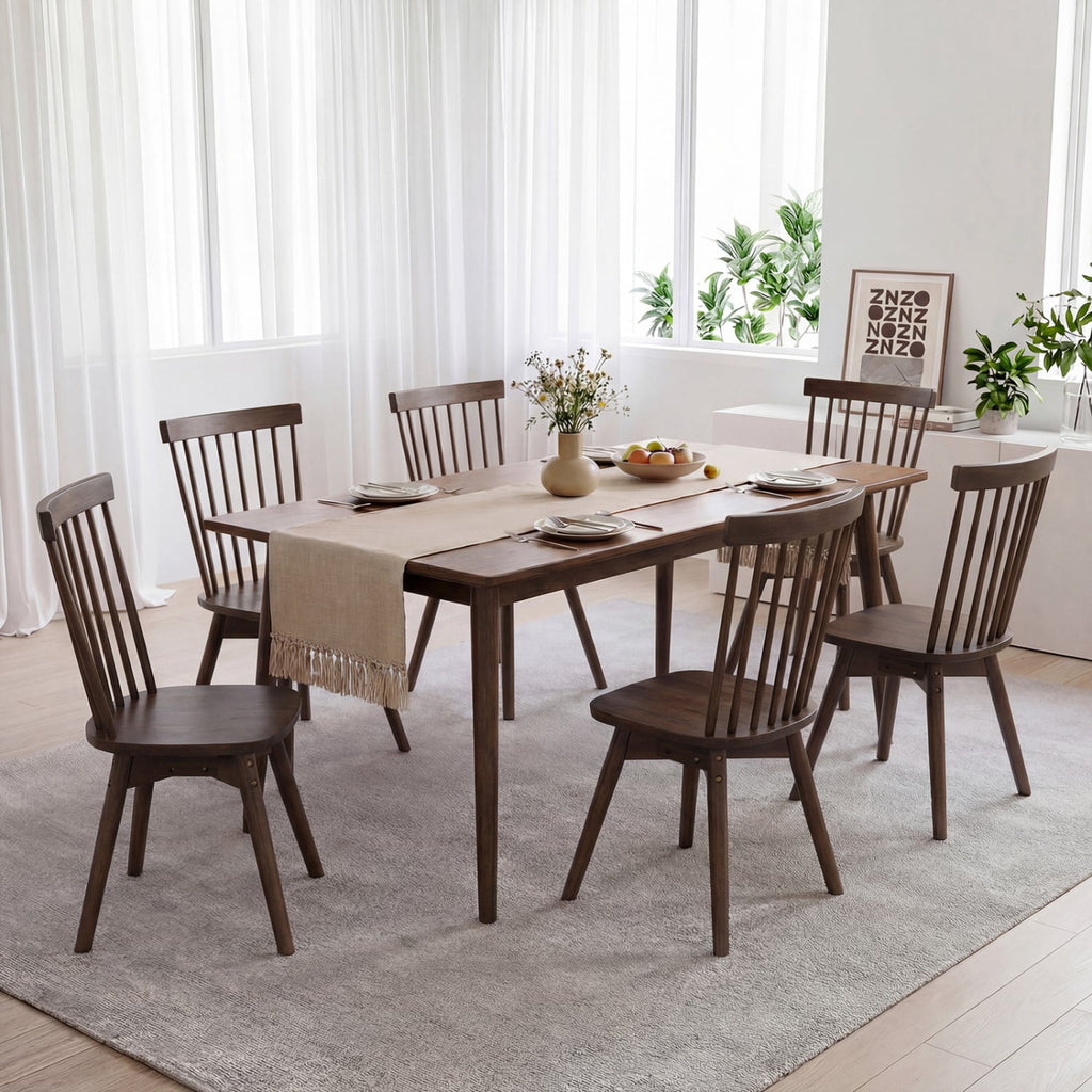 Set of 2 Swivel Spindle Back Dining Chairs, Walnut Rubber Wood