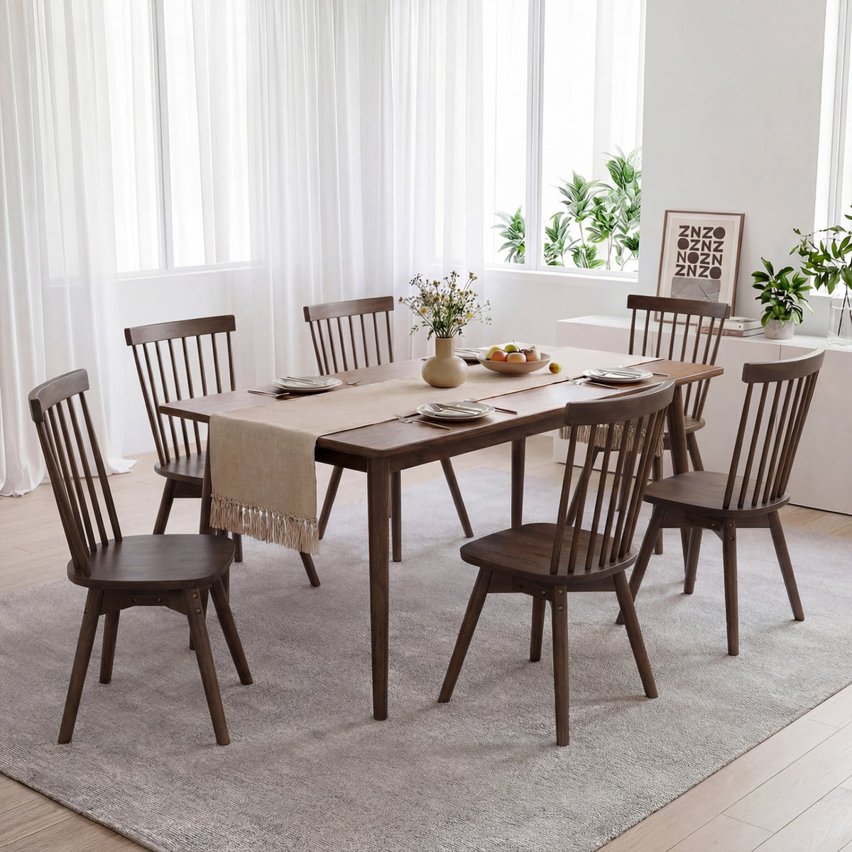 Set of 2 Swivel Spindle Back Dining Chairs, Walnut Rubber Wood