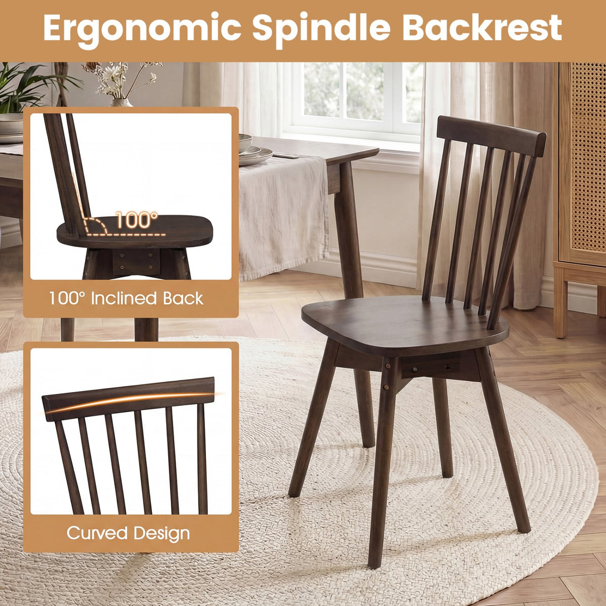 Set of 2 Swivel Spindle Back Dining Chairs, Walnut Rubber Wood