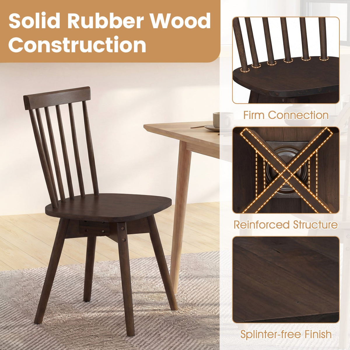 Set of 2 Swivel Spindle Back Dining Chairs, Walnut Rubber Wood