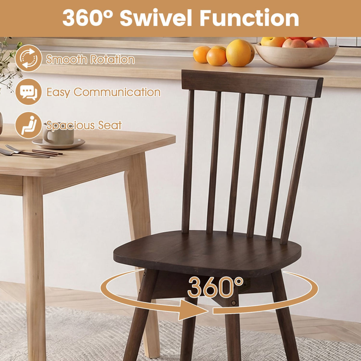 Set of 2 Swivel Spindle Back Dining Chairs, Walnut Rubber Wood