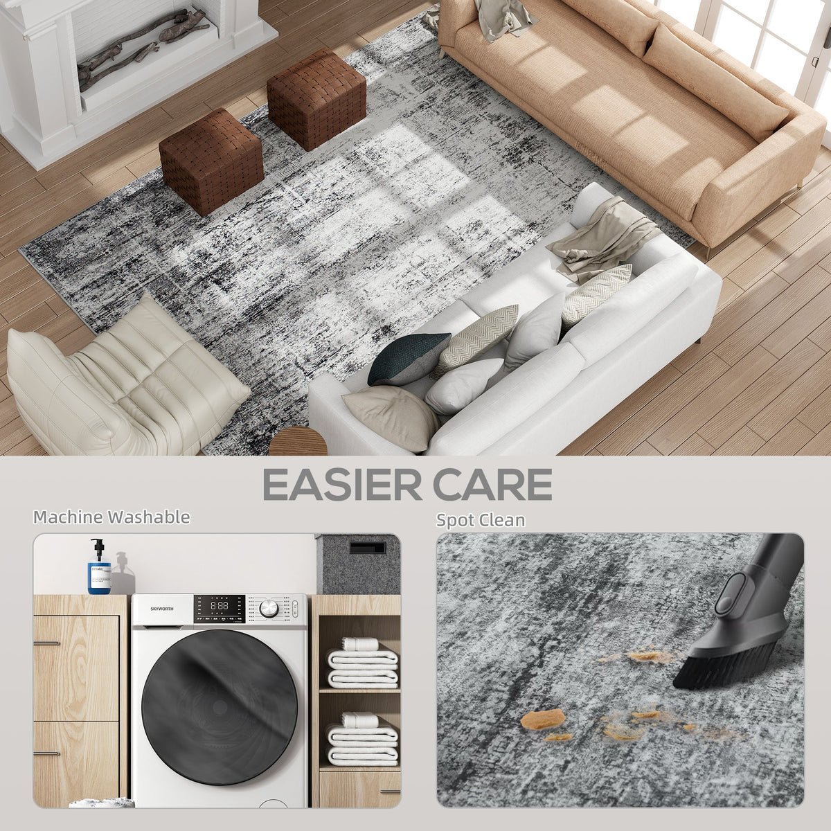Area Rug for Living Room 5x7, Modern Abstract Machine Washable Rug, Non-Slip Carpet for Bedroom, Dining Room, Grey