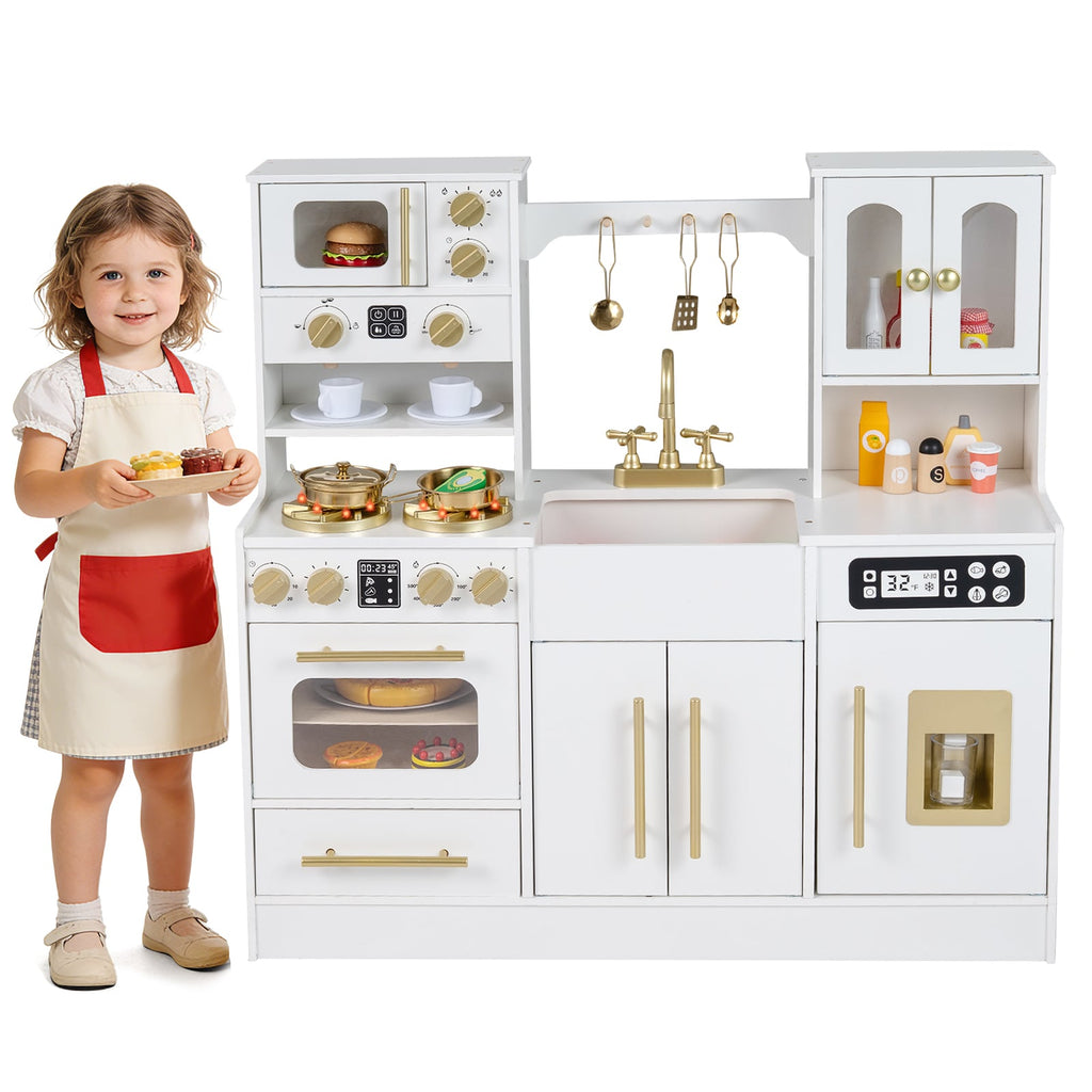 Wooden Kids Kitchen Playset with Realistic Lights and Sounds-White