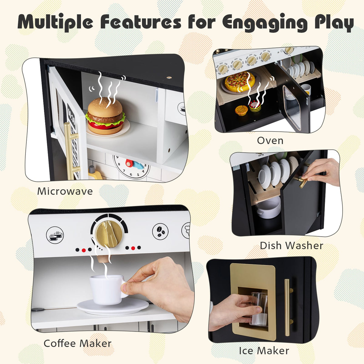 Wooden Play Kitchen for Kids with Realistic Lights and Sounds-Black