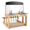 Wooden Pretend Play Kitchen with Bench and Cooking Accessories-Natural