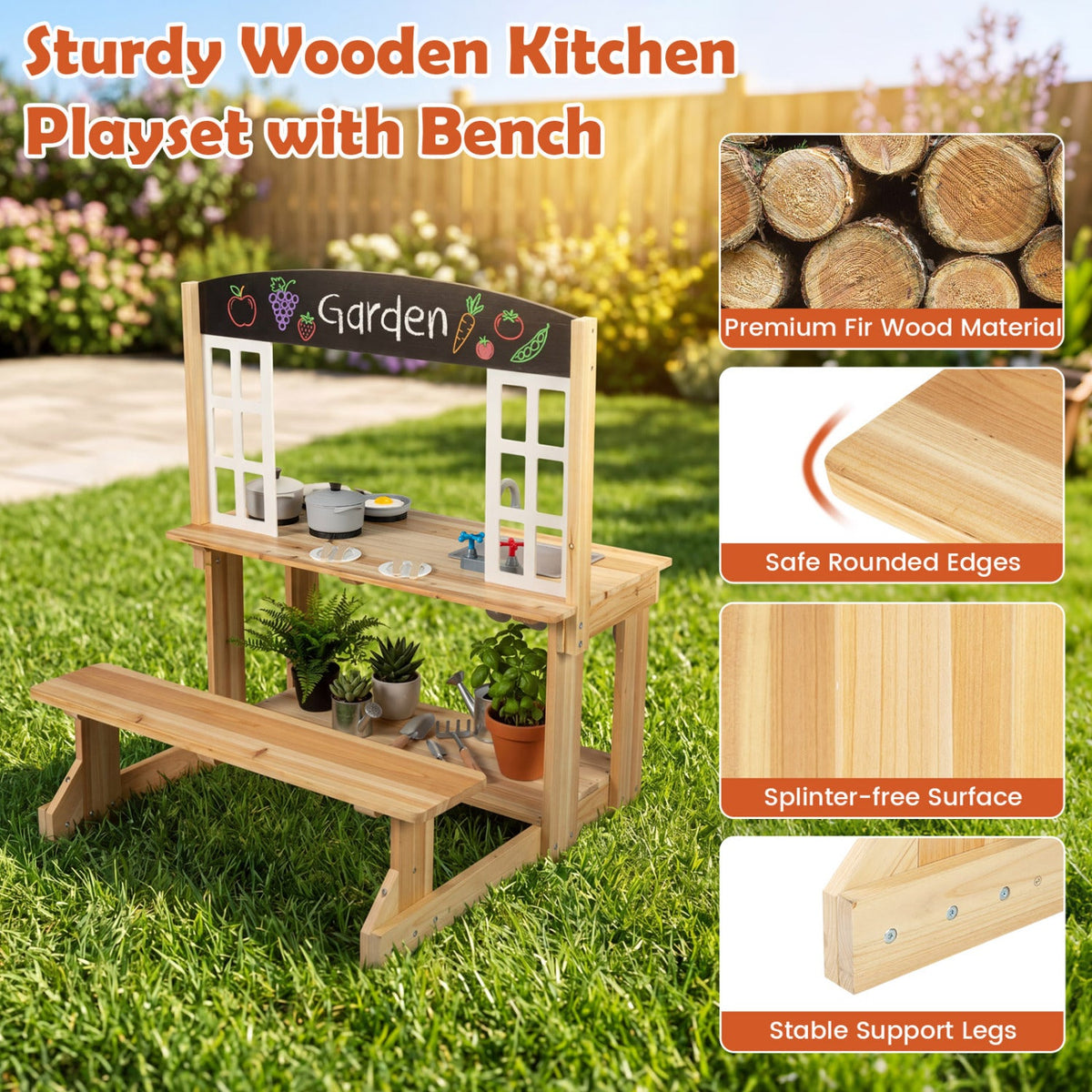 Wooden Pretend Play Kitchen with Bench and Cooking Accessories-Natural