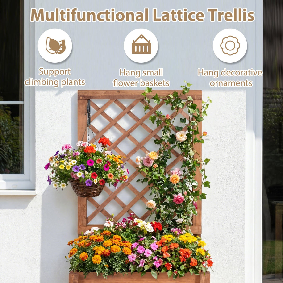 Wooden Raised Garden Bed with Lattice Trellis Drainage Holes-Orange