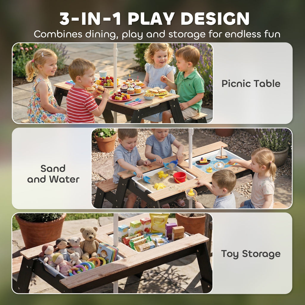 Kids Picnic Table with Umbrella, 3 in 1 Wooden Sand & Water Table with 2 Hidden Play Boxes for Patio, Ages 3-6