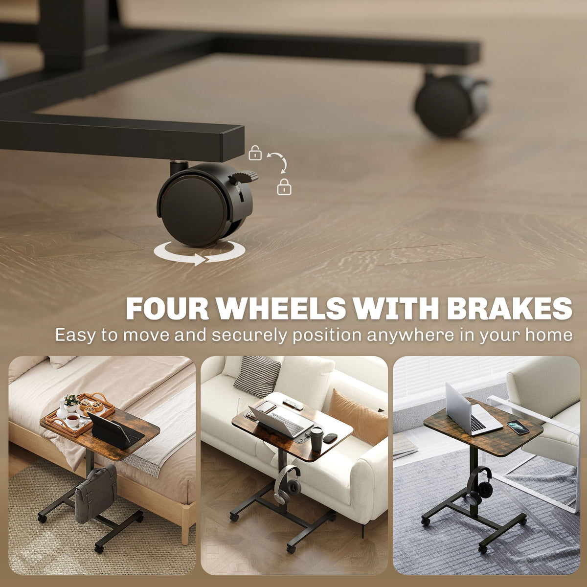 Height Adjustable Standing Desk, Pneumatic Sit Stand Desk with Wheels and Headphone Hook, Grey Wood Grain