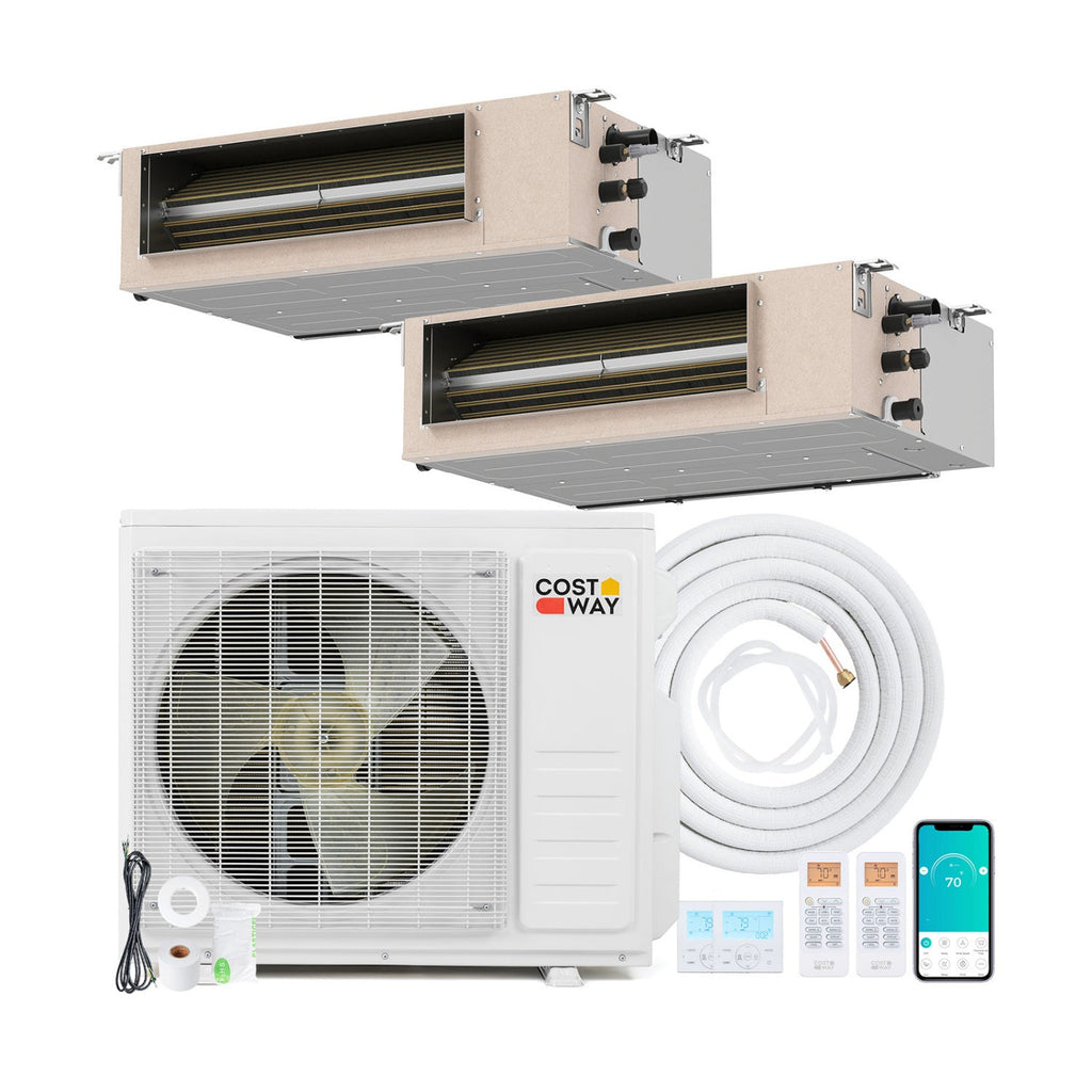 X-Pro 18,000 BTU 2 Zone Concealed Ducted Mini Split Heat Pump, 24 SEER2, 9K + 12K