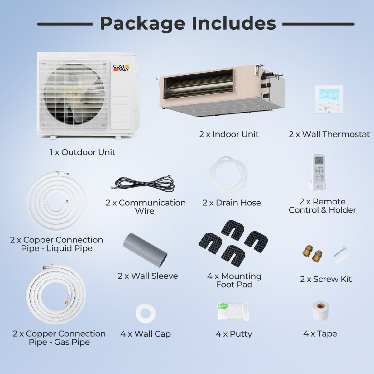 X-Pro 27,000 BTU 2 Zone Concealed Ducted Mini Split Heat Pump, 24 SEER2, 18K + 18K