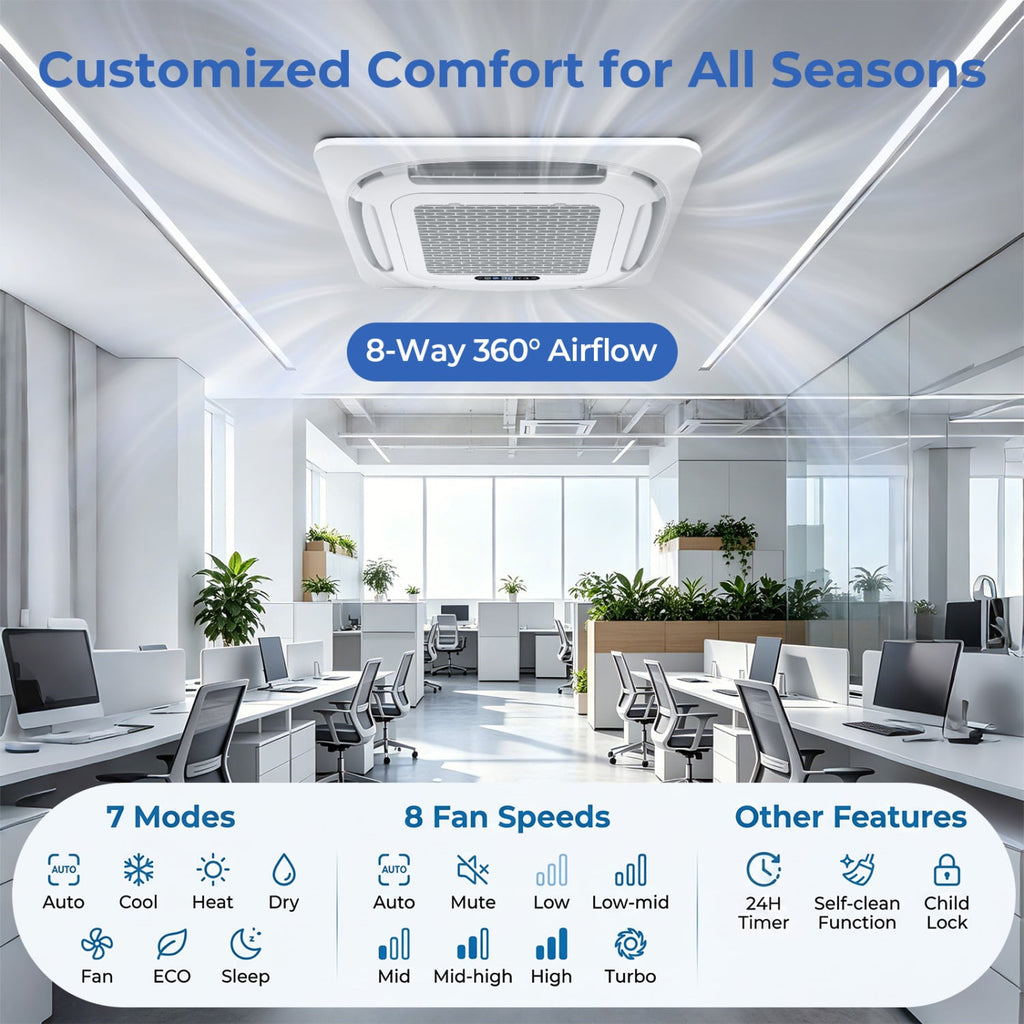 X-Pro 35,000 BTU 2 Zone Ceiling Cassette Mini Split Heat Pump, 22.5 SEER2, 18K + 18K