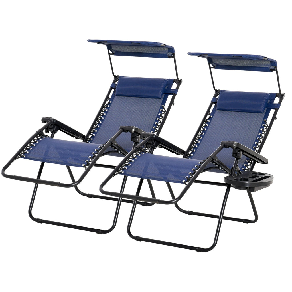 2 Piece Foldable Lounge Chair with Canopy Shade, Outdoor Zero Gravity Chair w/ Side Tray & Cup Holder, Reclining Lounger w/ Breathable Mesh Fabric Seat, Pillow, Sky Blue