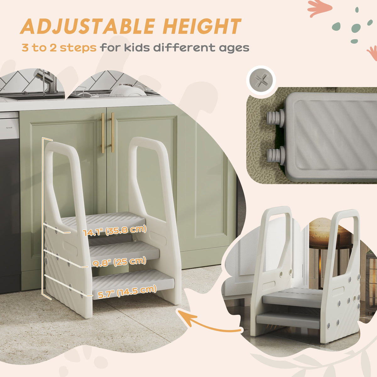 Adjustable Height Toddler Step Stool with Handle & Foot Pads, Grey