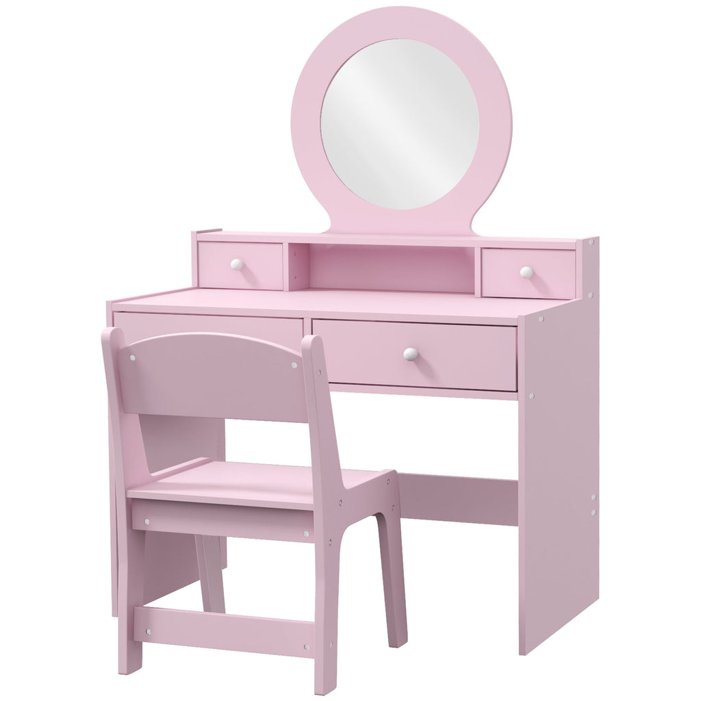 Kids Vanity Set, Children Makeup Table with Mirror, Stool and Storage Drawers, for Ages 3-8, Pink