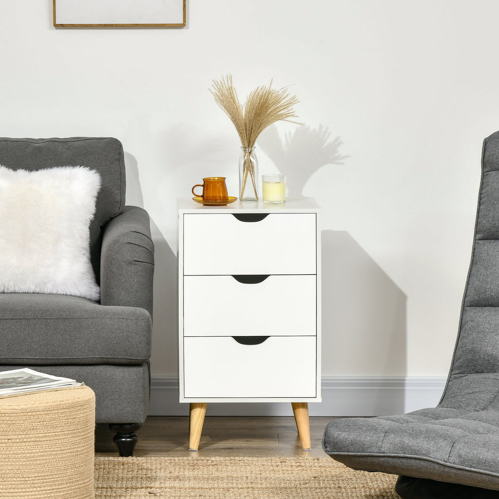 Bedside Table, Modern Nightstand with 3 Drawers, Side End Table with Wood Legs for Living Room, Bedroom, White