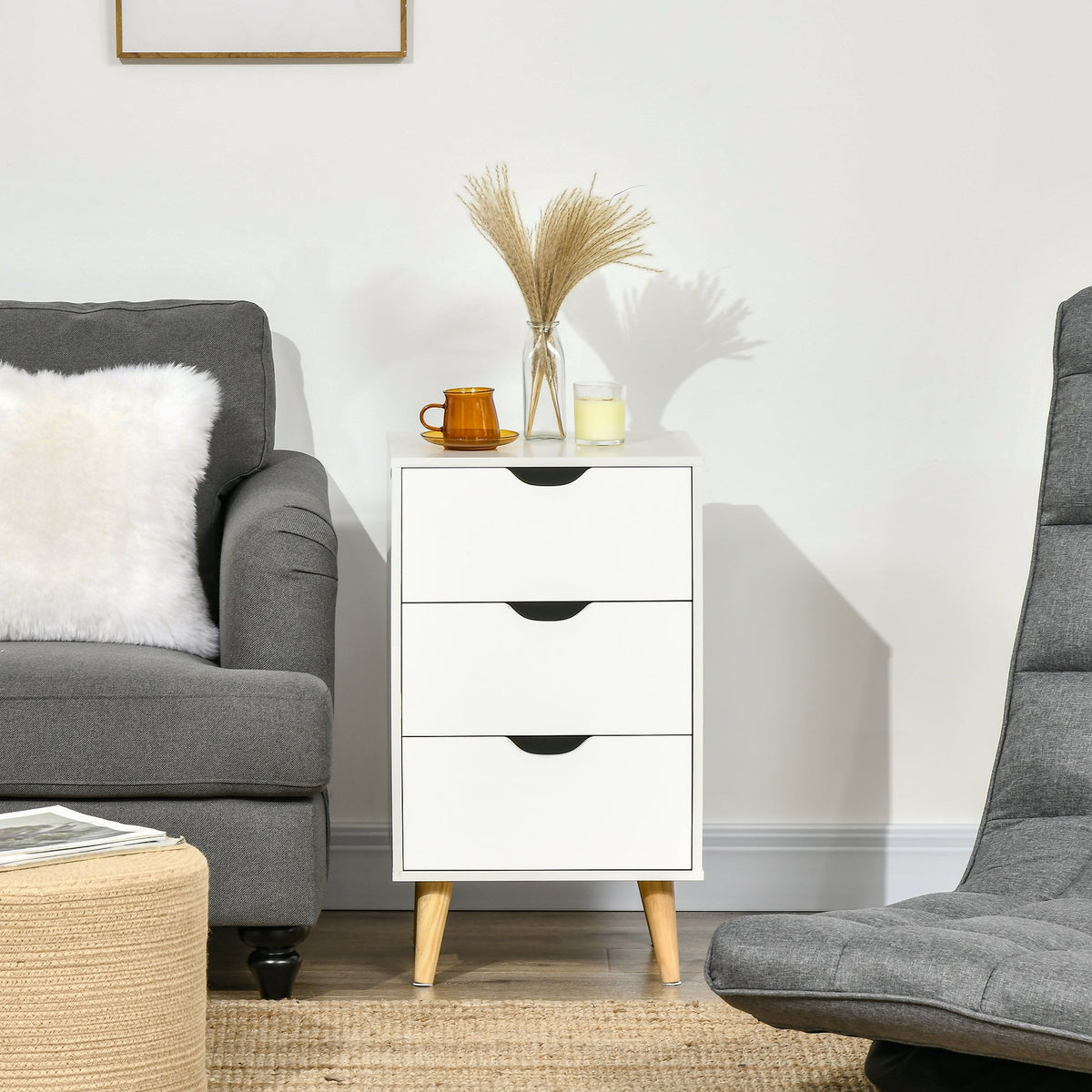 Bedside Table, Modern Nightstand with 3 Drawers, Side End Table with Wood Legs for Living Room, Bedroom, White