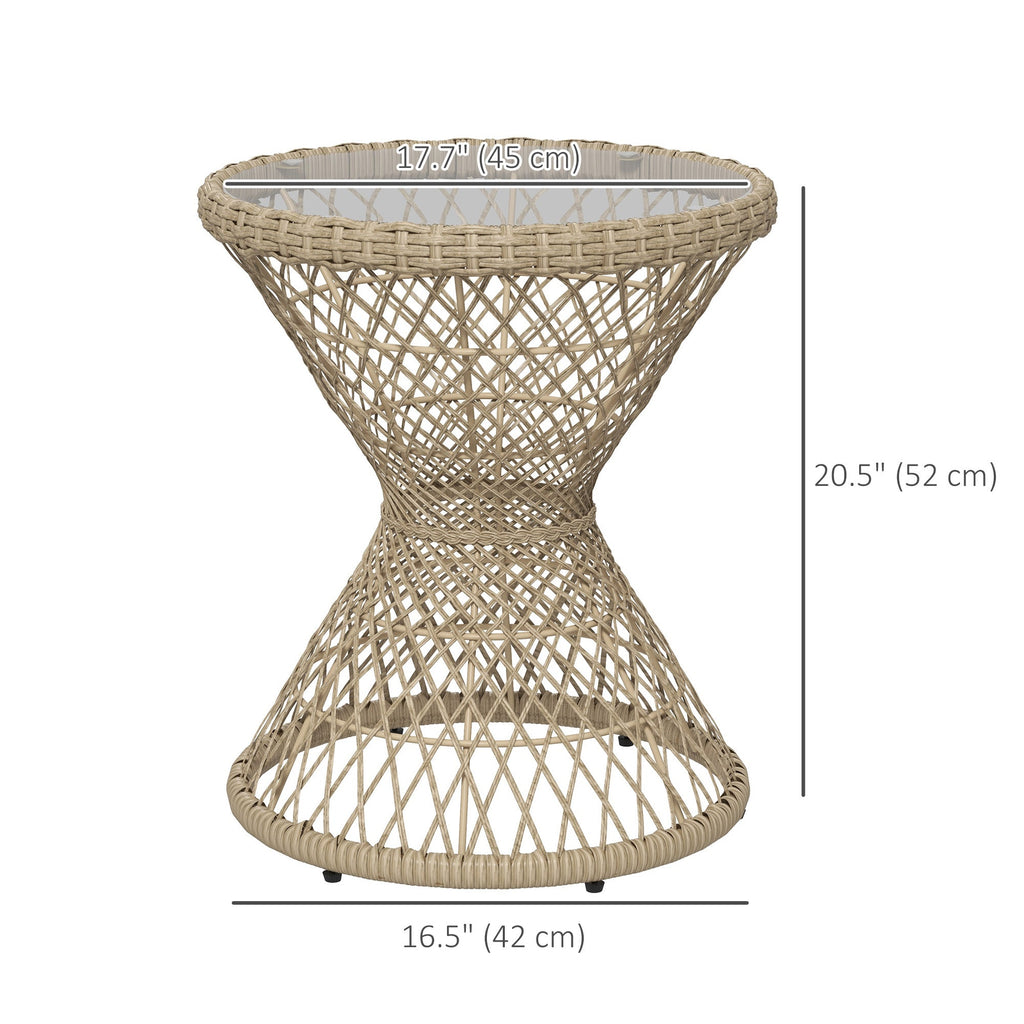 Wicker Outdoor Coffee Table, 18" Round Drum-Style Outdoor Patio Table with Tempered Glass Top, Light Brown