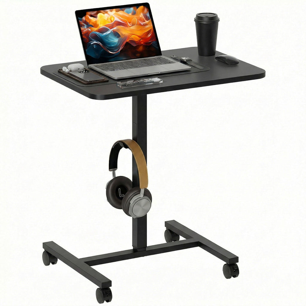 Height Adjustable Standing Desk, Pneumatic Sit Stand Desk with Wheels and Headphone Hook, Grey Wood Grain