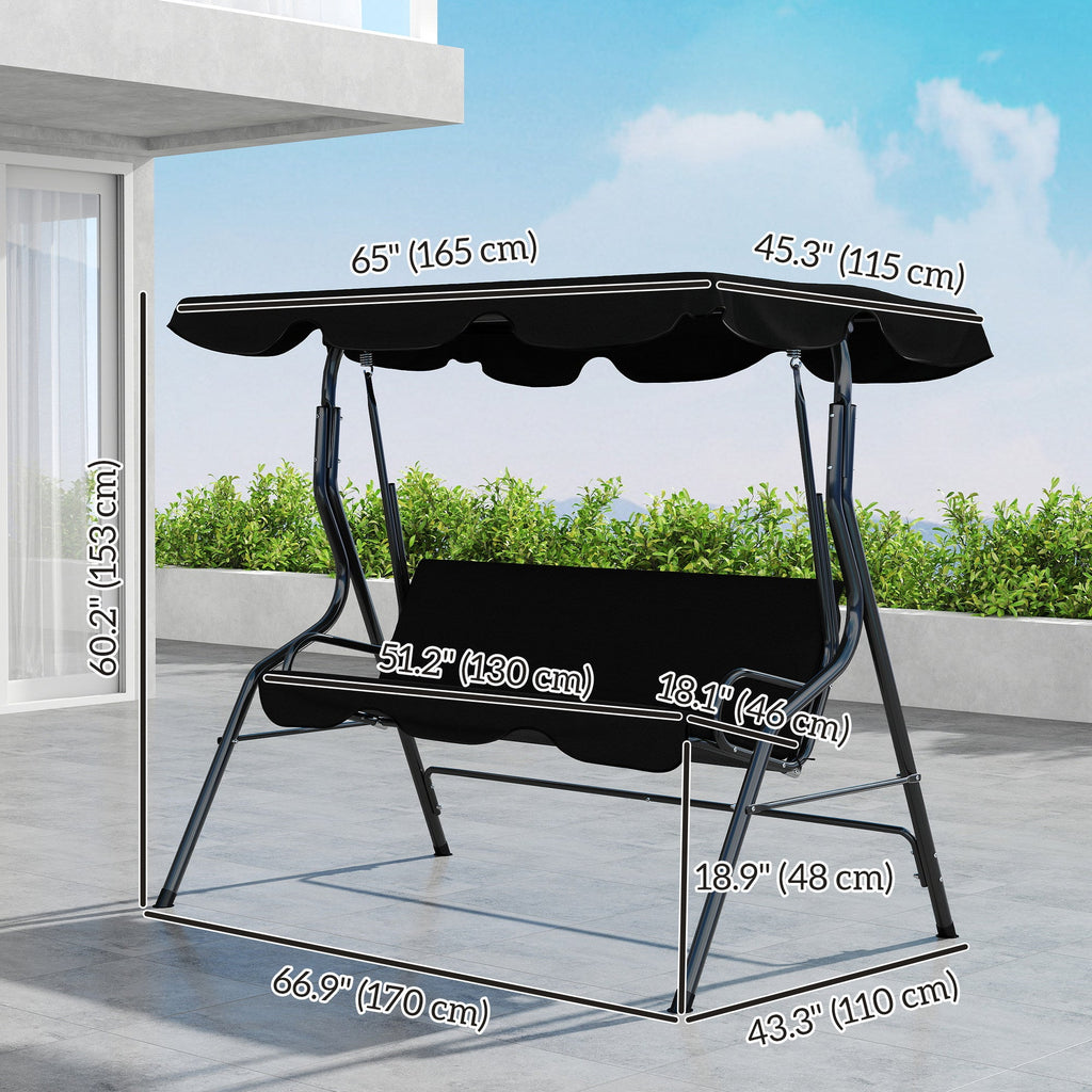 Outdoor Porch Swing with Adjustable Canopy, 3-Seater Patio Swing Chair with Cushion, Black