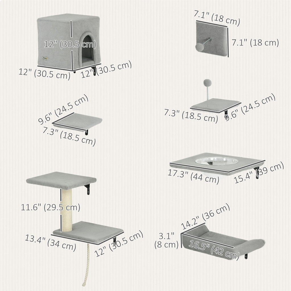Cat Wall Shelves Set of 7, Shelves and Perches with House, Sisal Post Ladder, Bed & Ball, Grey