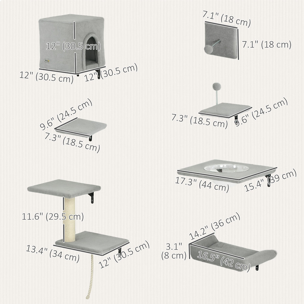 Cat Wall Shelves Set of 7, Shelves and Perches with House, Sisal Post Ladder, Bed & Ball, Grey