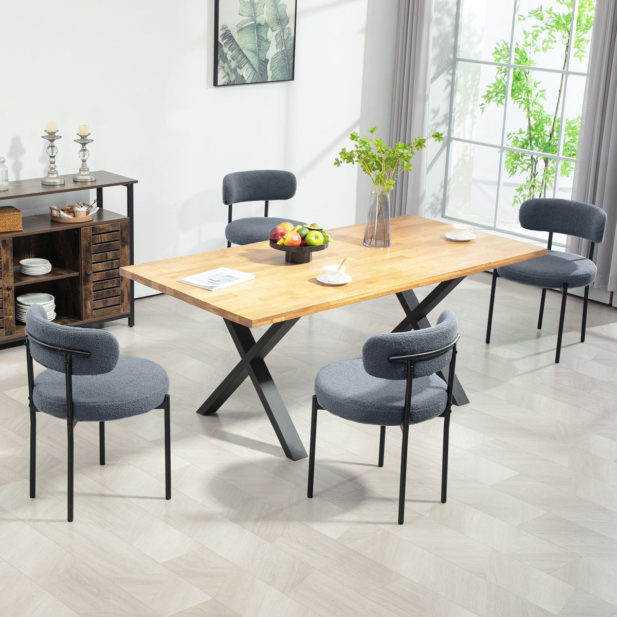4 Pieces Kitchen Chairs, Modern Dining Chairs w/ Berber Fleece Upholstery and Steel Legs for Living Room, Grey