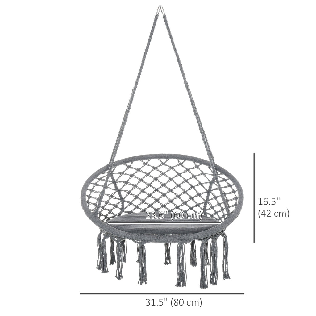 Patio Hammock Chair, Hanging Rope Hammock Swing for Indoor & Outdoor Use with Backrest, Cotton-Polyester Blend, Fringe Tassels, Cream White