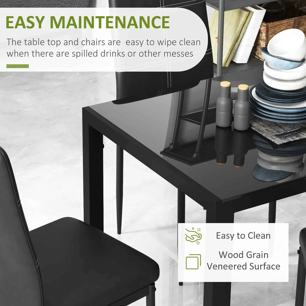5-Piece Black Glass Dining Table Set – Rectangular Kitchen Table with 4 Faux Leather Chairs (United States & Canada Delivery Only)