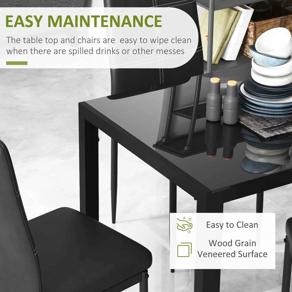 5-Piece Black Glass Dining Table Set – Rectangular Kitchen Table with 4 Faux Leather Chairs (United States & Canada Delivery Only)