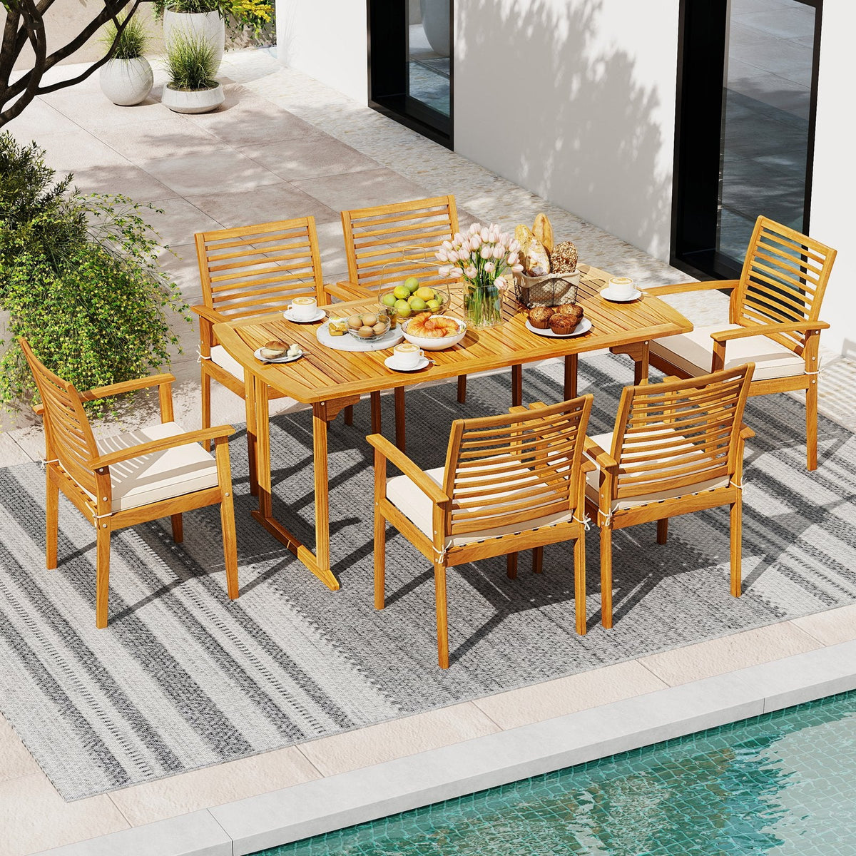 7 Piece Solid Acacia Patio Dining Set for 6, 63 Inch Curved Edge Table and Six Slat Back Armchairs