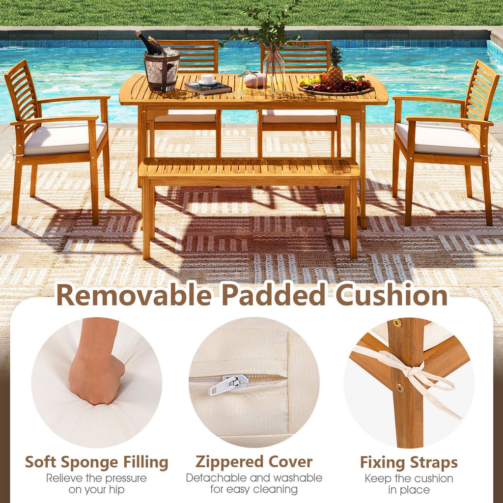 7 Piece Solid Acacia Patio Dining Set for 6, 63 Inch Curved Edge Table and Six Slat Back Armchairs