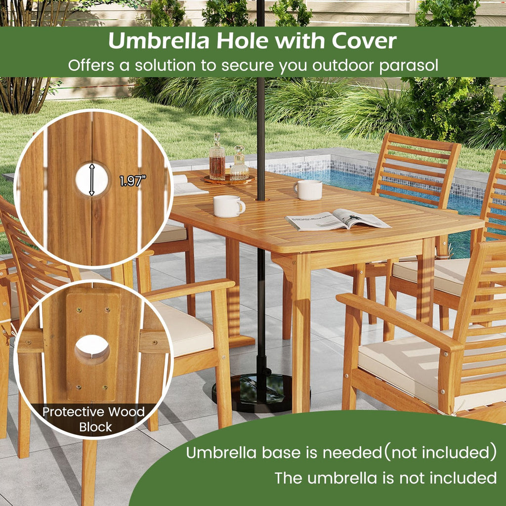 7 Piece Solid Acacia Patio Dining Set for 6, 63 Inch Curved Edge Table and Six Slat Back Armchairs