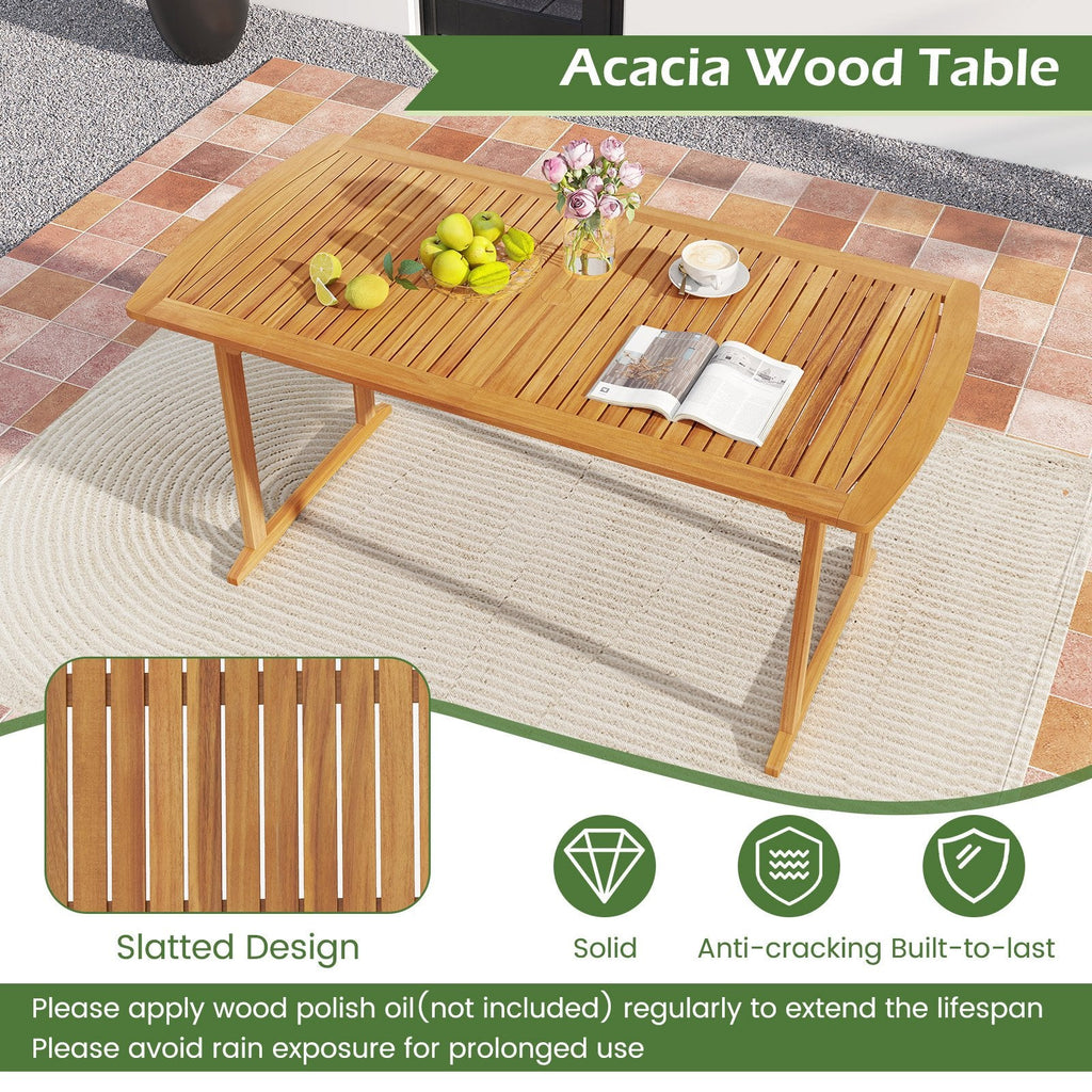 7 Piece Solid Acacia Patio Dining Set for 6, 63 Inch Curved Edge Table and Six Slat Back Armchairs