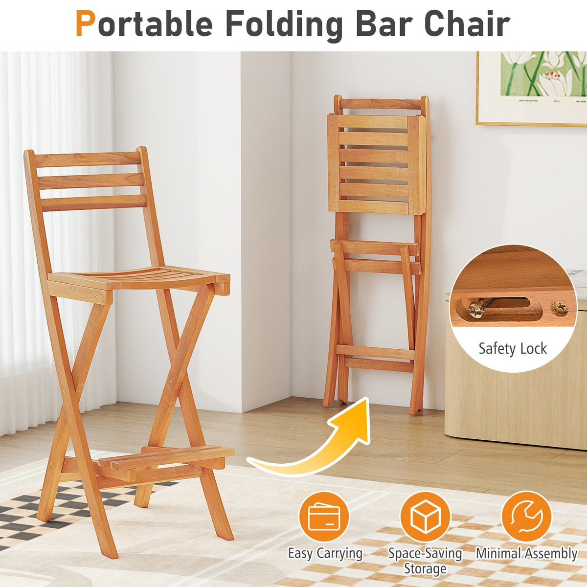 Acacia Wood Bar Height Chair with Backrest and Footrest for Backyard-Set of 4