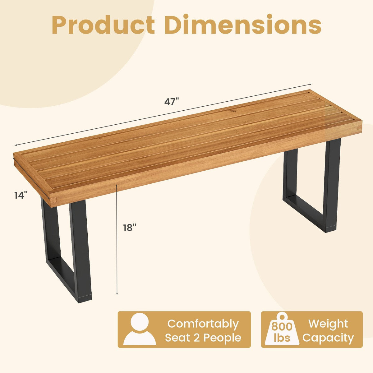 Acacia Wood Outdoor Bench 48 Inch Long Patio Dining Bench-Set of 2