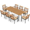 9 Piece Acacia Patio Dining Set for 8, 86.5 Inch Table on Hairpin Legs and Eight Open Cross Back Armchairs